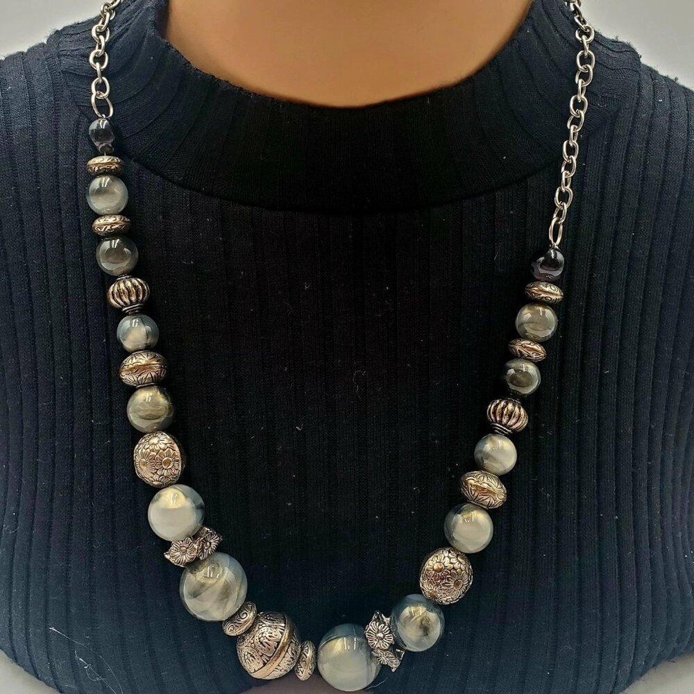Silver Tone Acrylic Beaded Statement Necklace